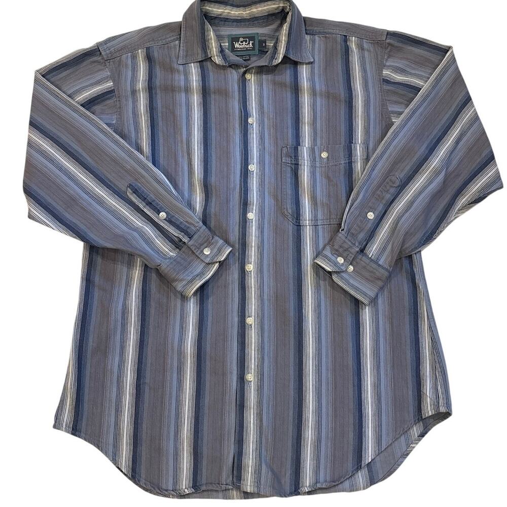 Vtg Woolrich Shirt Mens Medium Gray Striped Button Long Sleeve Heavyweight USA